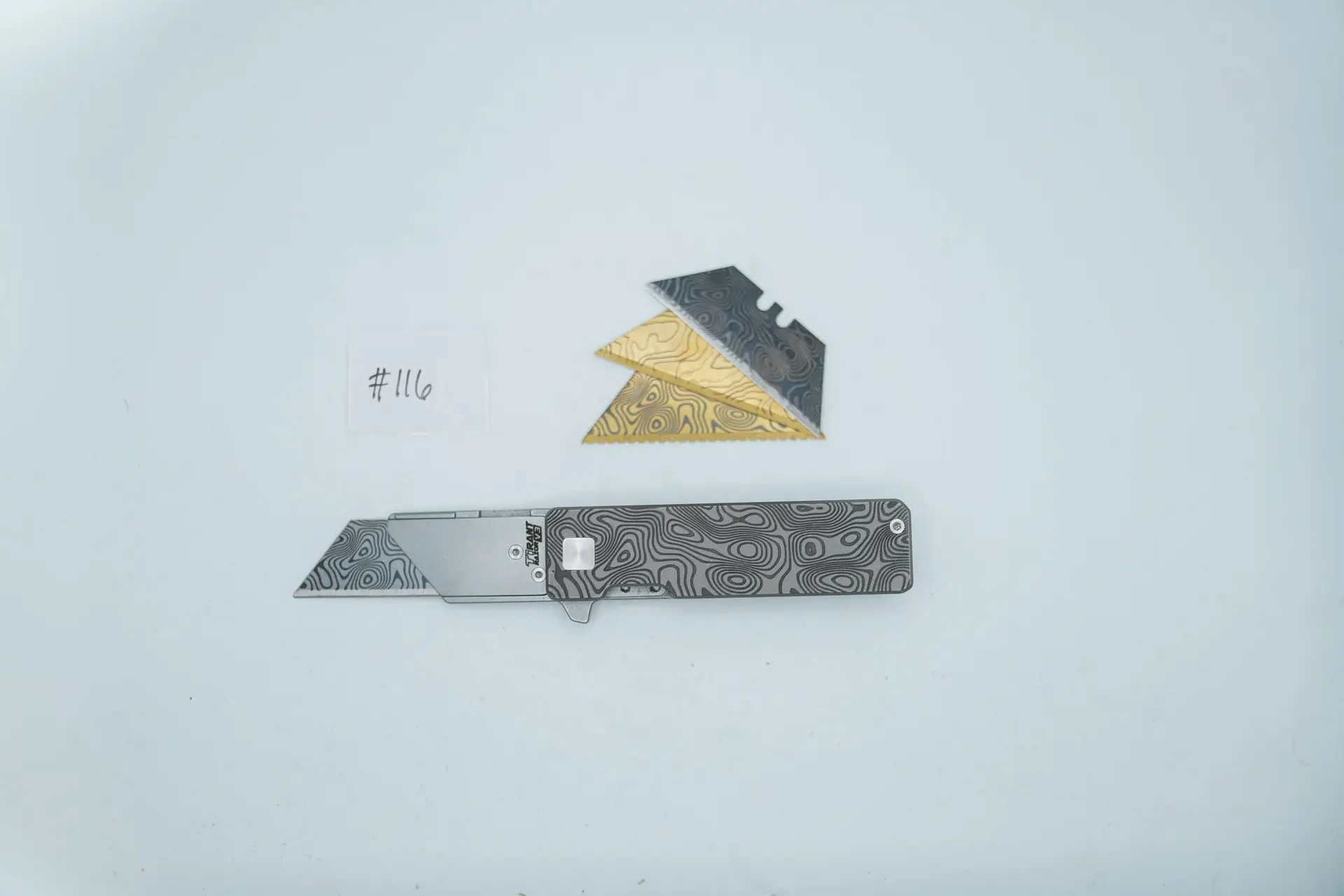 BUILD #116 — Condition 10/10 — TiRant RAZOR V3 Stonewashed Titanium + RARE Legacy Dual-Sided 1ST Damascus Edition Prototype Laser-Etched + Installed Flush Rear Backspacer + 4X Custom Laser Engraved Razor Blades From The ToolRoom