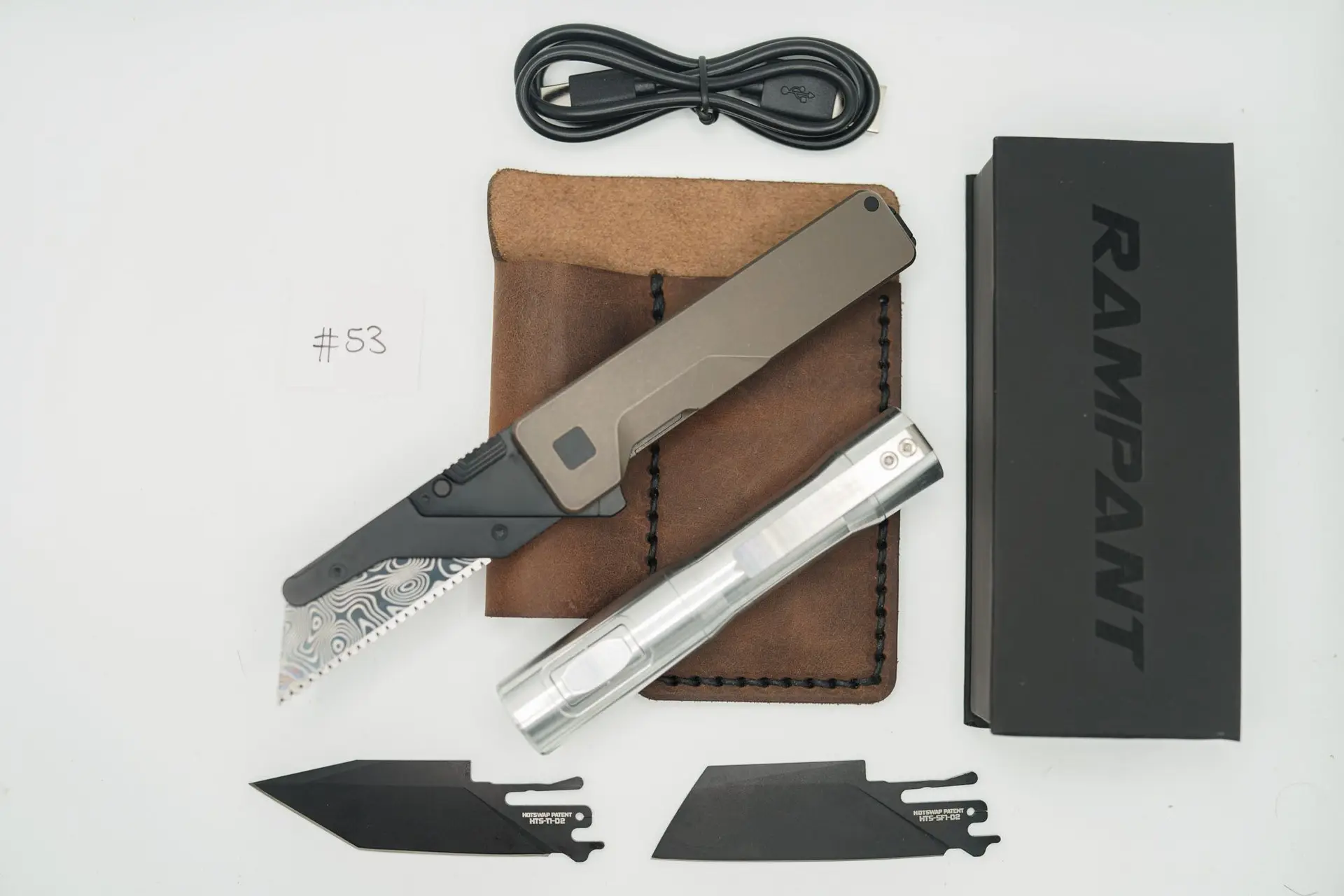 BUILD #53 Combo — Condition 9/10 — TiRant ULTRA Centurion Bronze Ano + Jet-Black D2 Tanto Blade + Jet-Black D2 Sheepsfoot Blade + Rampant R4 519a Aluminum Flashlight In RAW Machined Finish + 10/10 Prototype Dark Brown V1 FieldPro Pocket Organizer