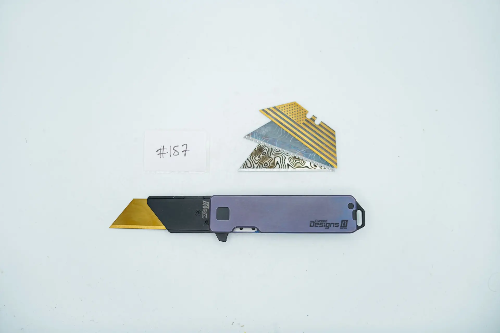 BUILD #157 — Condition 8/10 — TiRant RAZOR V3 + RARE Hand-Applied Custom Dark Purple Anodization + Reversible Clip-Ready RH Smooth Handle + 3X Custom Laser Engraved Razor Blades From The ToolRoom