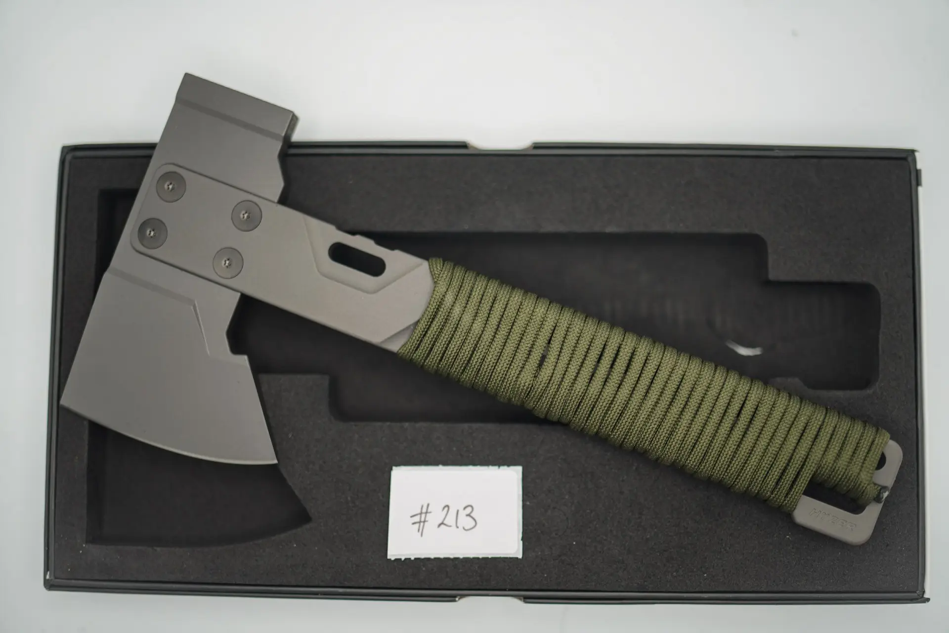 BUILD #213 — Condition 9/10 — HYZER Titanium Hatchet (FULL SIZE) – Dark Grey Blasted Titanium Handle + Medium Weight Grey D2 Head + OD Green Paracord Wrap (Sheath Purchased Separately)