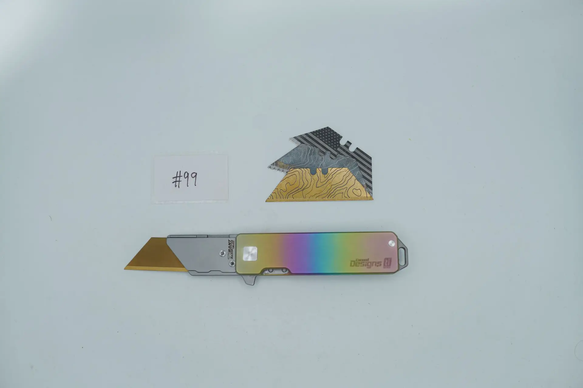 BUILD #99 — Condition 9/10 — TiRant RAZOR V3 + RARE Hand-Applied Custom Rainbow-Trout Anodization + 3 Custom Laser Engraved Razor Blades From The ToolRoom