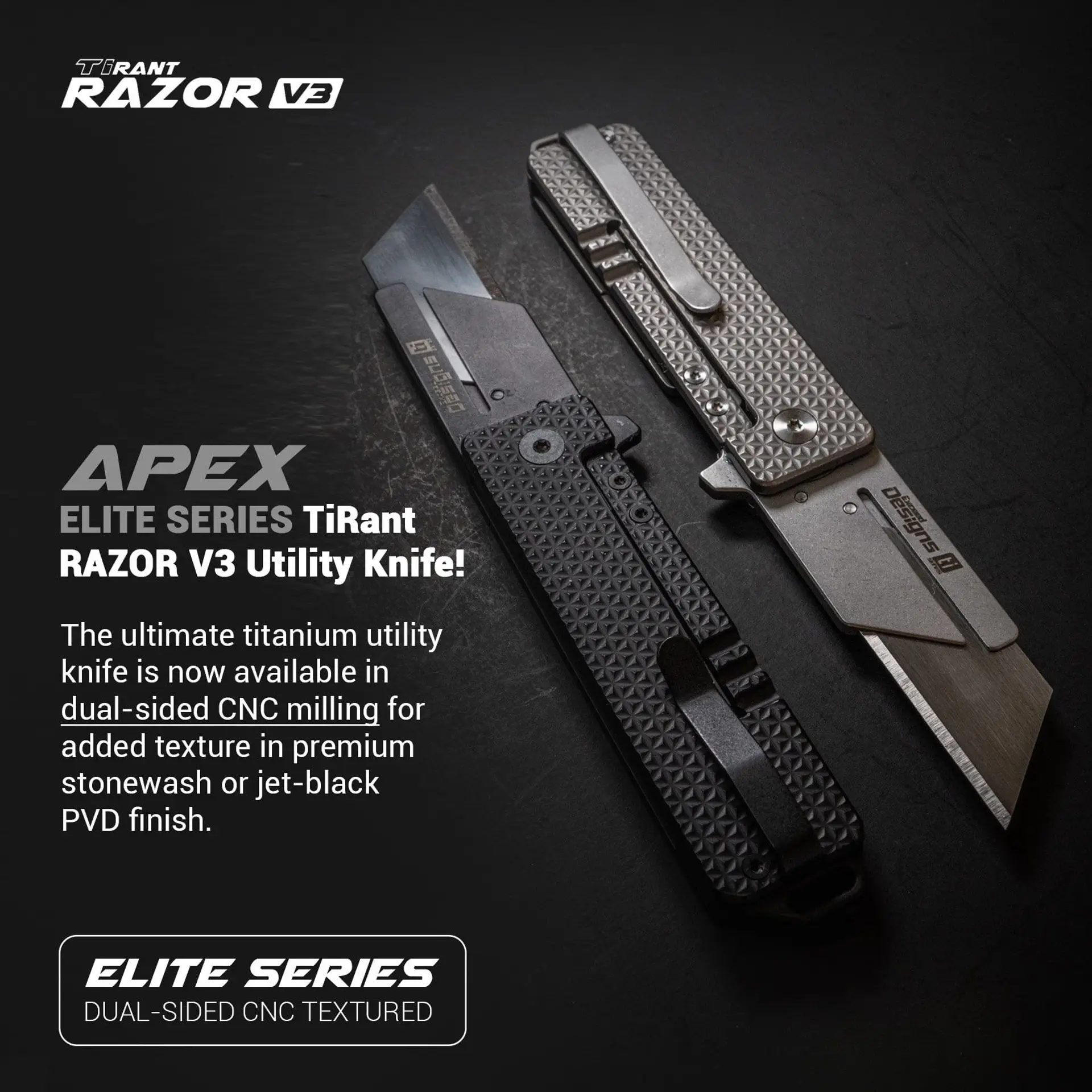 TiRant® RAZOR V3 Utility Knife (Stonewashed 6AL-4V Titanium) Dual APEX Edition – Complete