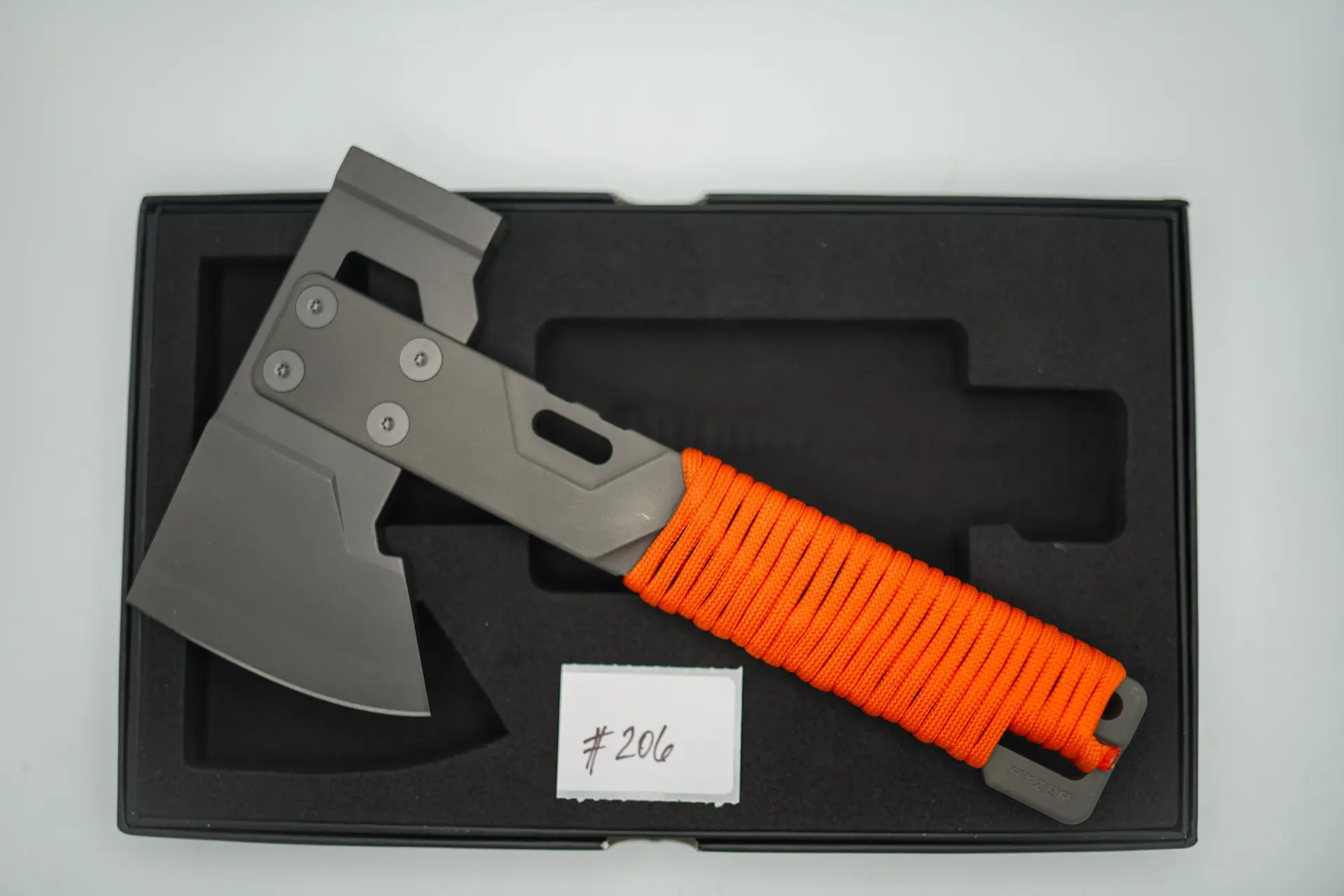BUILD #206 — Condition 9/10 — HYZER Titanium Hatchet (MINI SIZE) – Blasted Titanium W/Lightweight Head + W/Custom Hunter ORANGE Paracord Wrap (Sheath Purchased Separately)