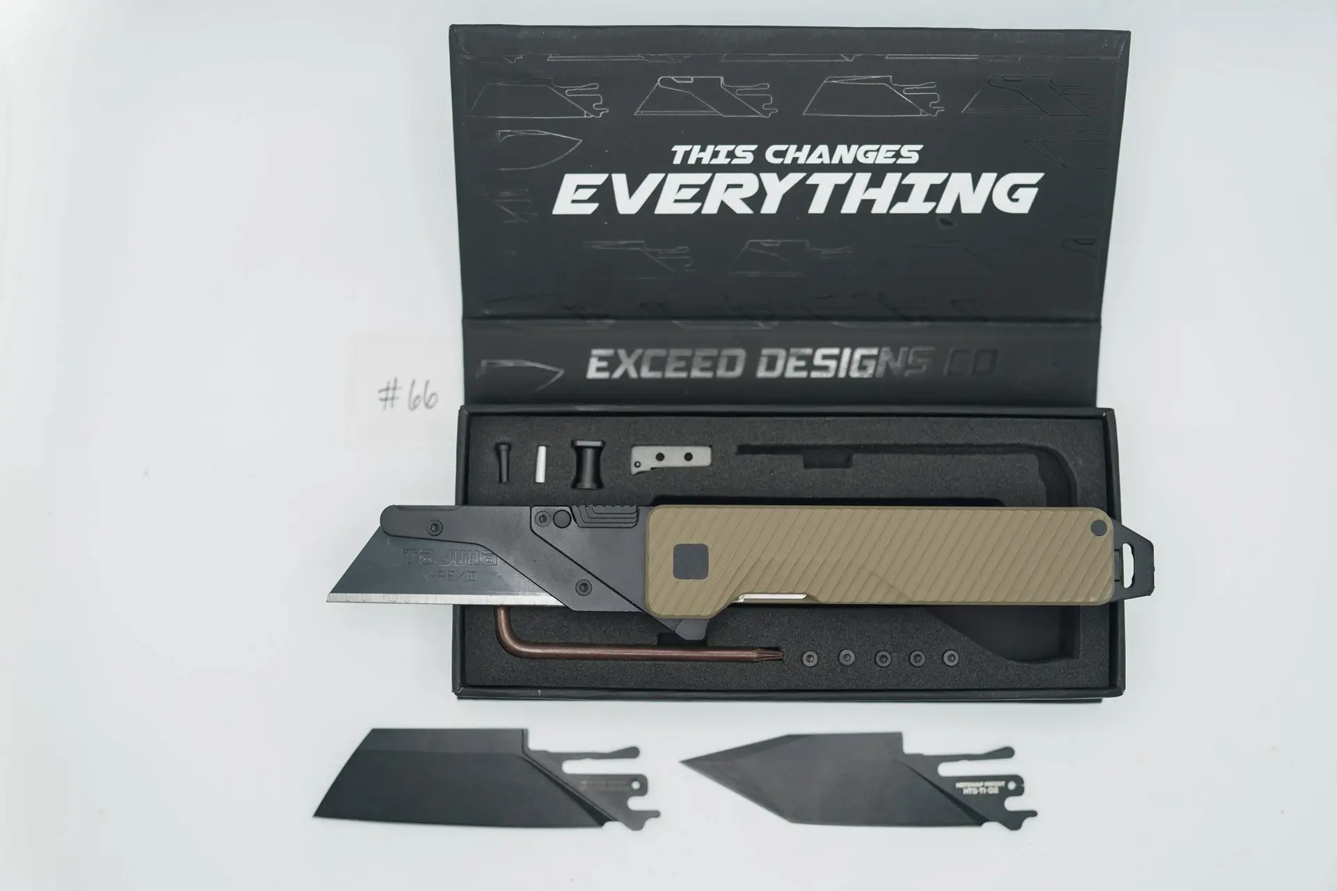 BUILD #66 — Condition 10/10 — TiRant ULTRA Dual Milled SLASH W/Custom FDE Tan Cerakote + Installed Full-Length Skeleton Stonewash Pry Bar Backspacer + Original Box W/Spare Jet-Black PVD Hardware Kit / Lock Bar insert + D2 Jet-Black Tanto Hotswap Blade + M390 2.5mm Extra-Thick Sheepsfoot Hotswap Blade