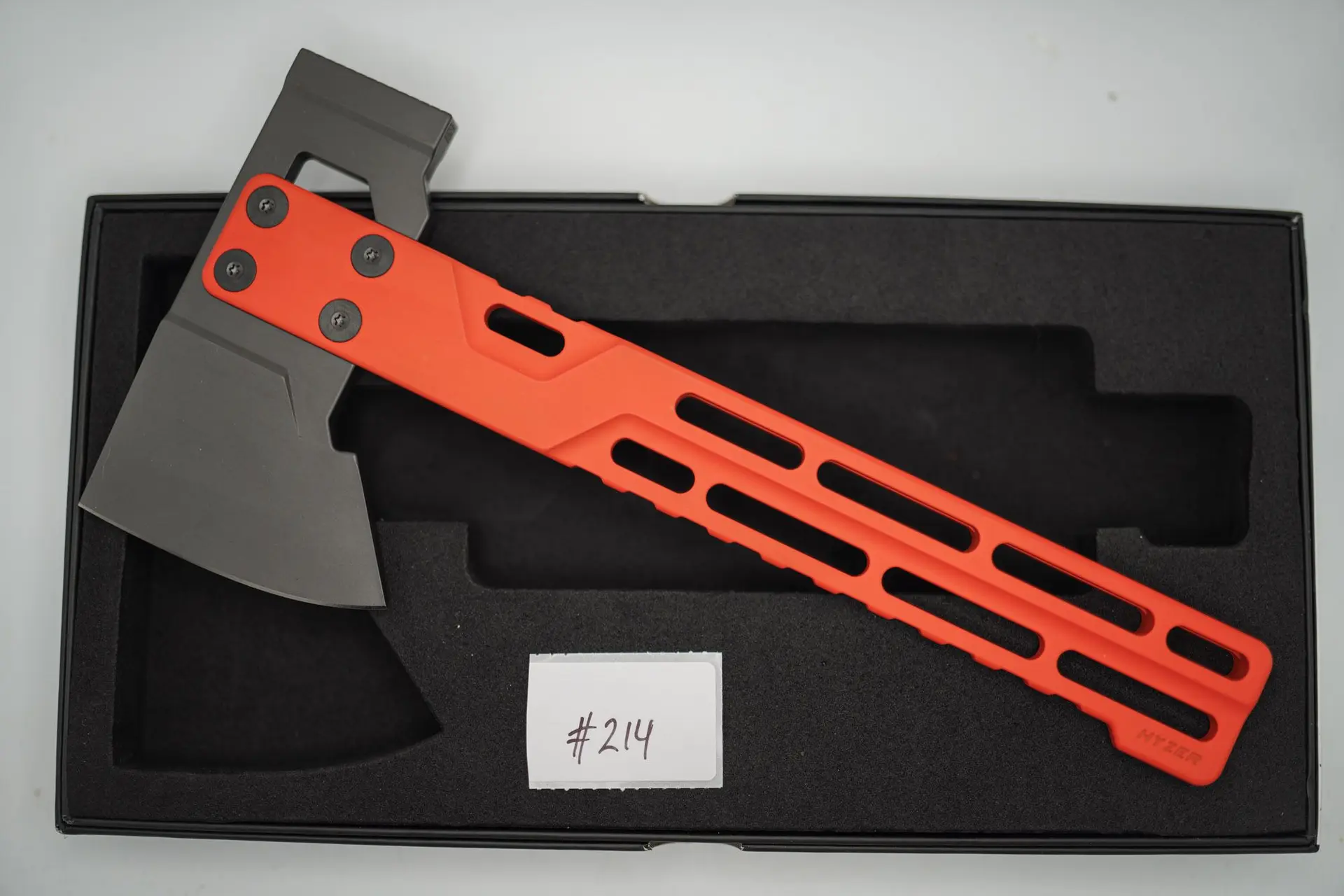 BUILD #214 — Condition 10/10 — HYZER Titanium Hatchet (FULL SIZE) – RARE Hunter Orange Cerakote Titanium Handle + Light Weight Grey D2 Head (Sheath Purchased Separately)