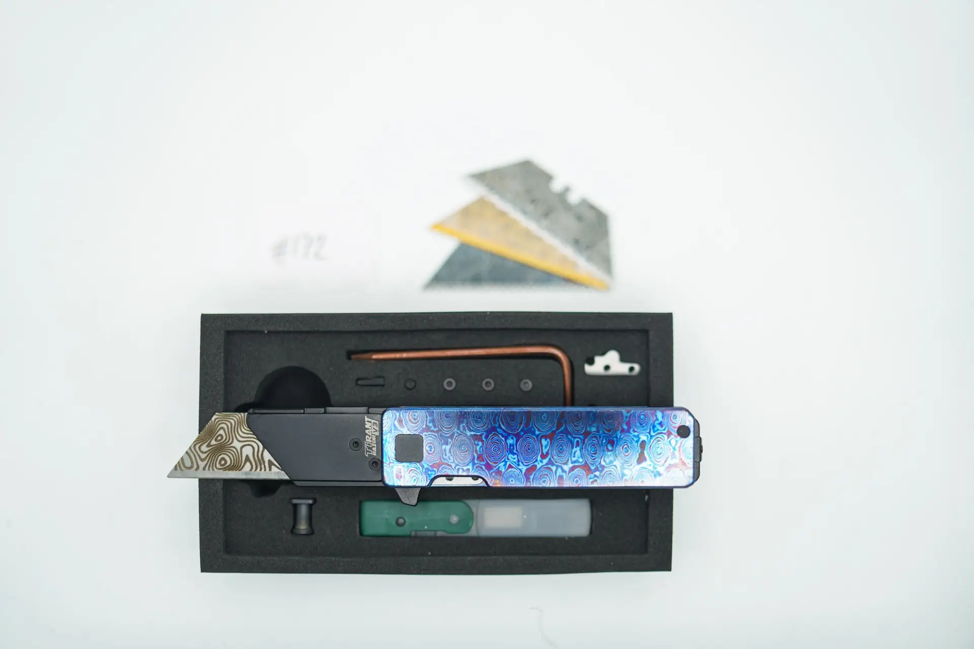 BUILD #172 — Condition 8/10 — TiRant RAZOR V3 Grade B (Multi-Layered Forged Titanium + Torch ANO) TiMascus + 3X Custom Laser Engraved Razor Blades From The ToolRoom
