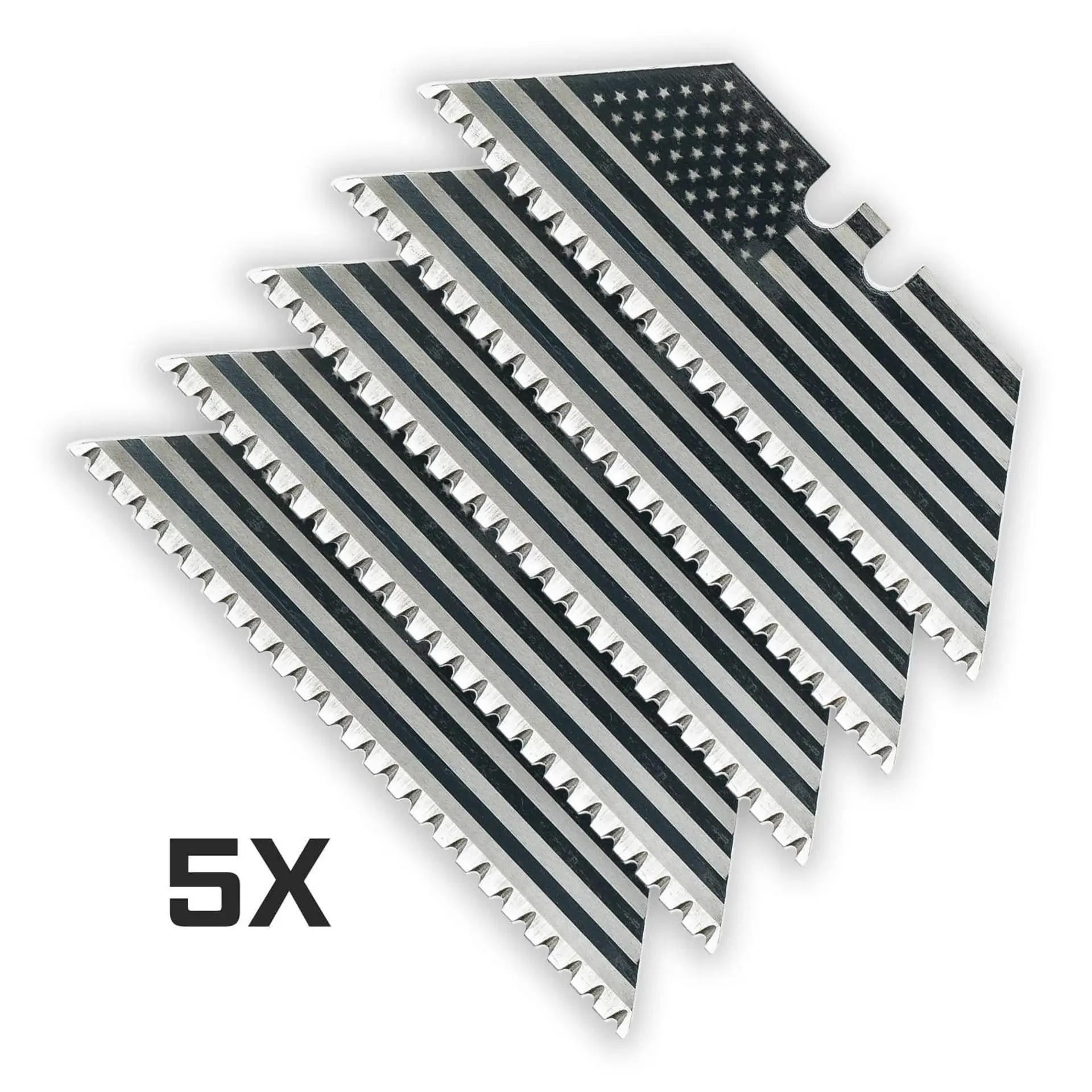 USA Flag 24-Point BLACK MICRO-SERRATED Razor Blades (Black Oxide Coated SK5 Utility Knife Blades) 5-Pack or 10-Pack