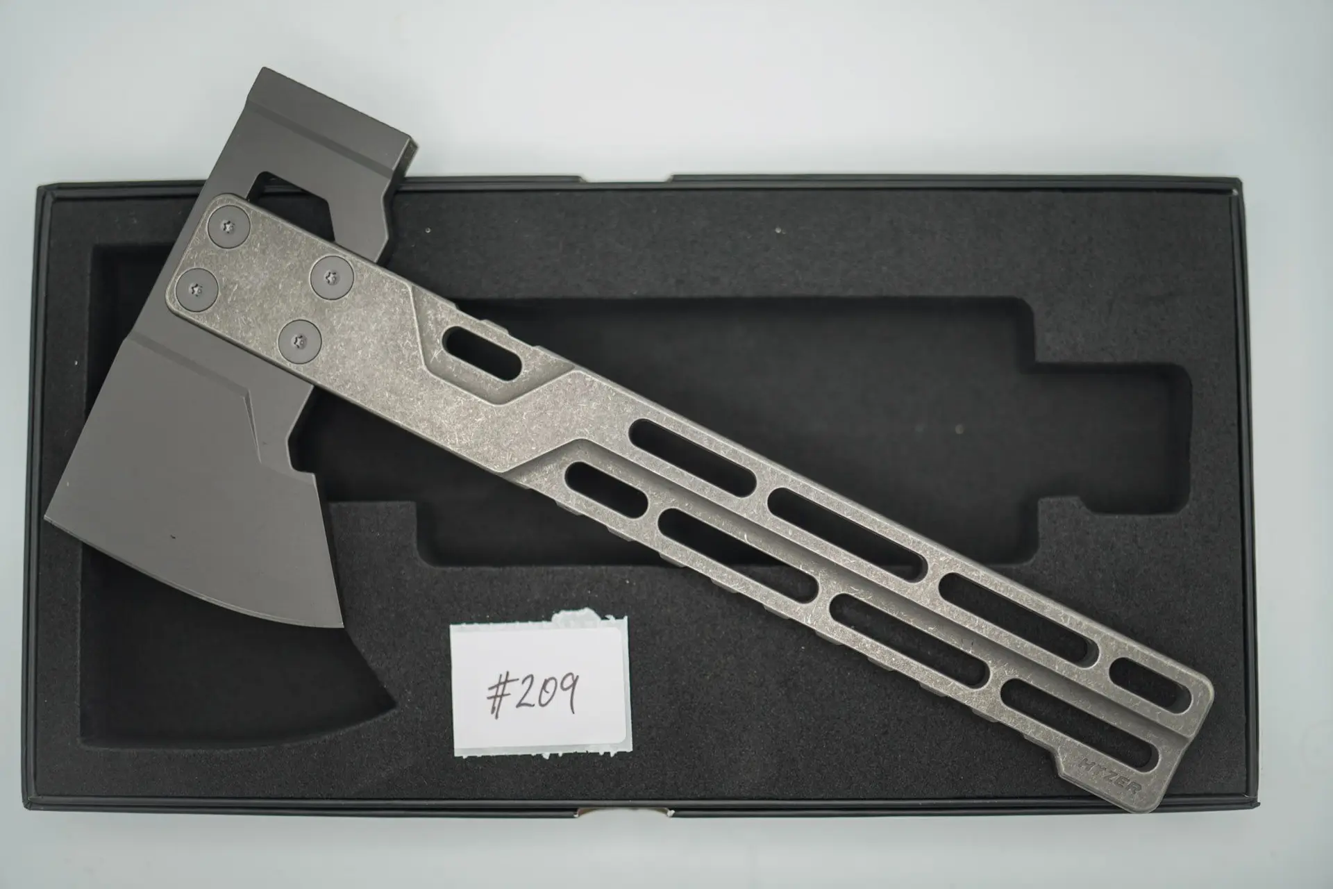 BUILD #209 — Condition 9/10 — HYZER Titanium Hatchet (FULL SIZE) – Deep Bright Stonewash Titanium Handle + Lightweight Dark Grey PVD Head (Sheath Purchased Separately)