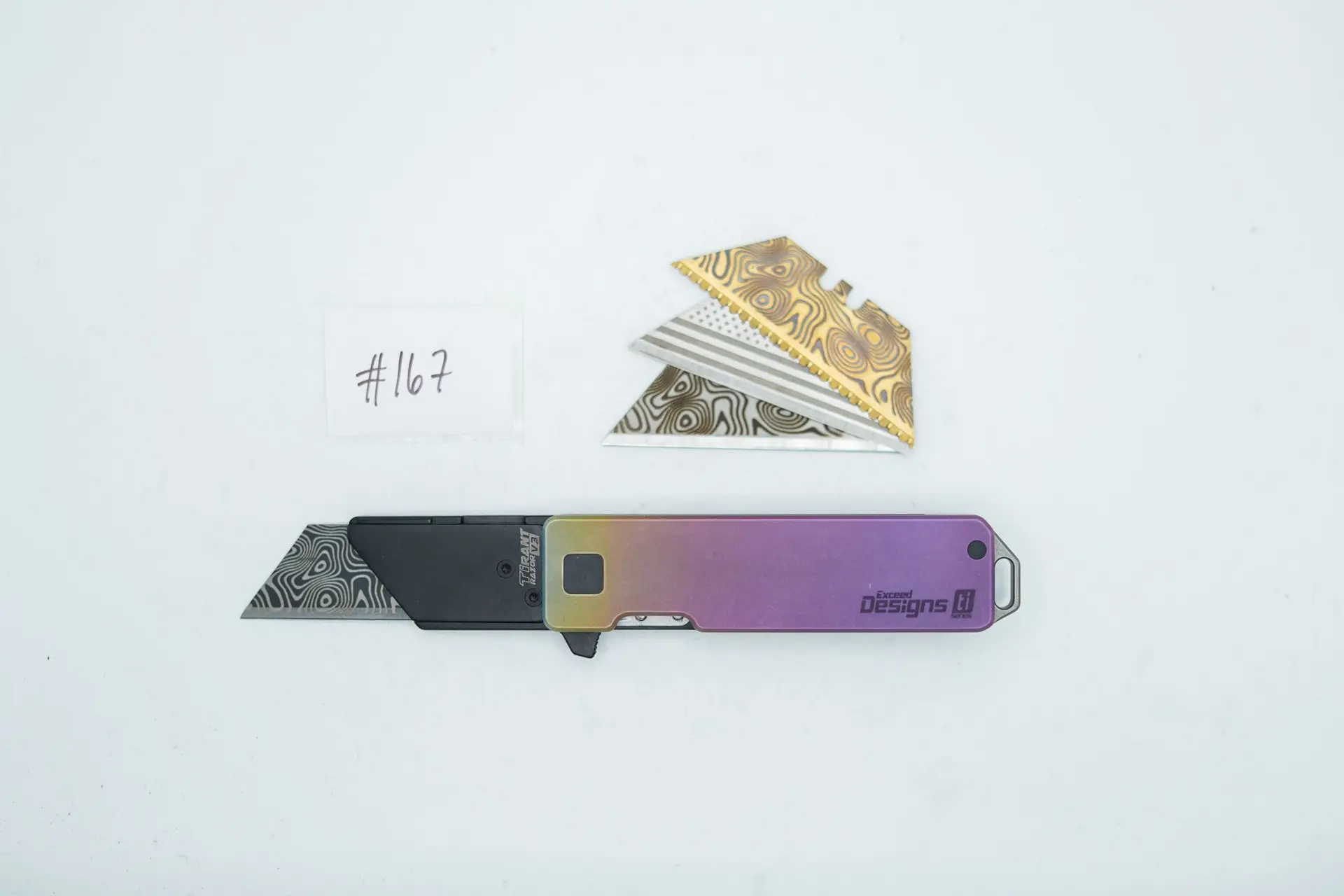 BUILD #167 — Condition 9/10 — TiRant RAZOR V3 + RARE Hand-Applied Custom Purple Color Fade Anodization + Jet-Black LH Topo 3D-Milled Scale + 3X Custom Laser Engraved Razor Blades From The ToolRoom