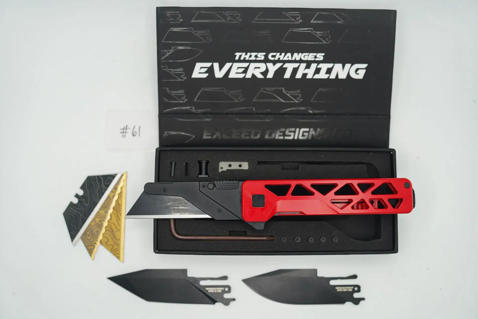 BUILD #61 — Condition 10/10 — TiRant ULTRA – Custom Bright Red Cerakote + Original Box W/ Spare Jet-Black Hardware Kit / Lock Bar insert + D2 Jet-Black Drop Point Hotswap Blade + D2 Jet-Black Tanto Hotswap Blade + 3X Custom Laser Engraved Razor Blades