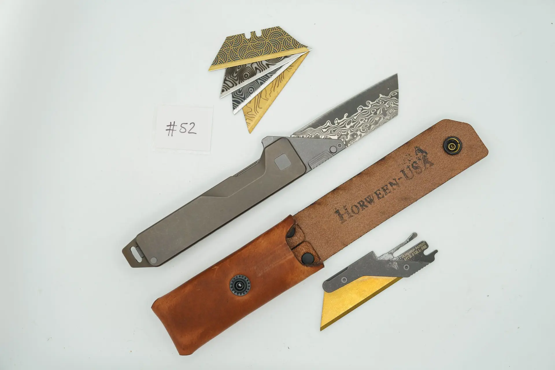 BUILD #52 Combo — Condition 9/10 — TiRant ULTRA Centurion Bronze ANO + Centurion Bronze ANO Pry Bar Skeleton Full Backspacer + Limited-Edition VG10 Damascus Sheepsfoot Blade + 4X Custom Laser Engraved Razor Blades + 10/10 Brown Horween Leather Sheath (Specially Selected from the section of leather with official “Horween” Stamp, RARE!)