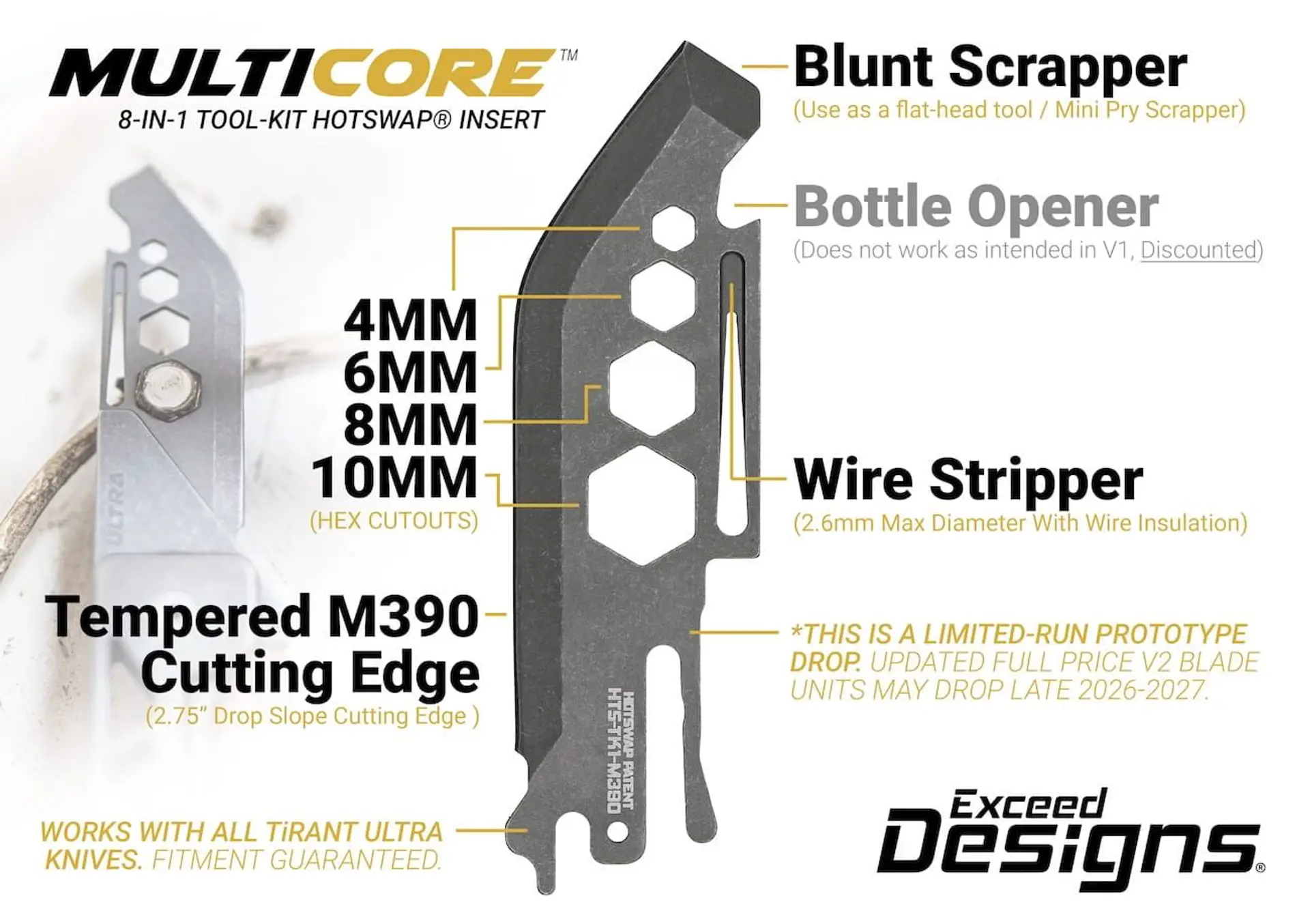 TiRant ULTRA HotSwap® V1 MultiCore 8-IN-1 Tool-Kit Blade Replacement (Stonewashed 1.5mm Thick M390 Tempered HRC 62) Limited-Edition R&D Prototype Drop