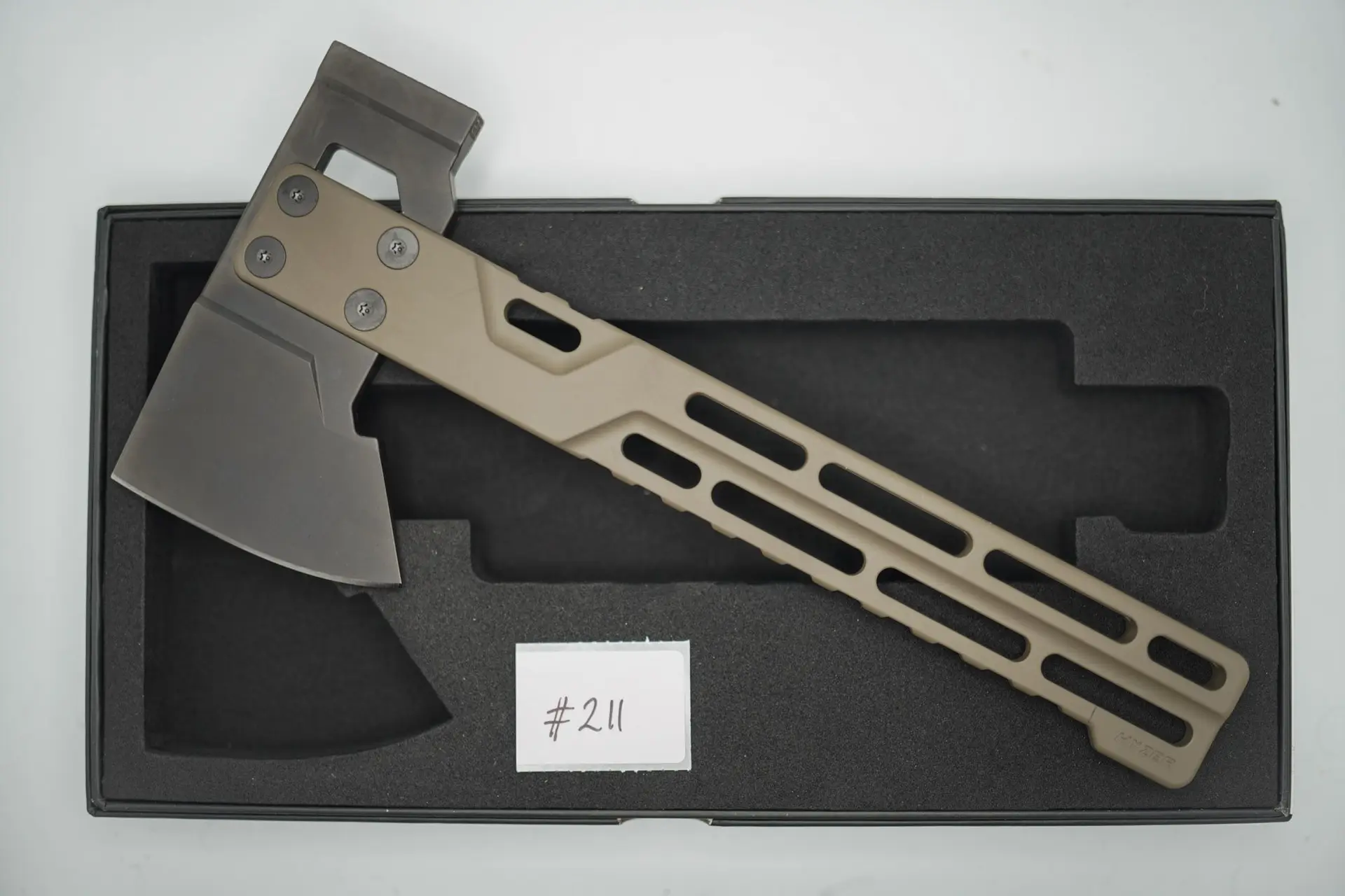 BUILD #211 — Condition 10/10 — HYZER Titanium Hatchet (FULL SIZE) – RARE FDE Tan Cerakote Titanium Handle + Light Weight DLC Grey D2 Head W/Contrast DLC Screw Kit (Sheath Purchased Separately)