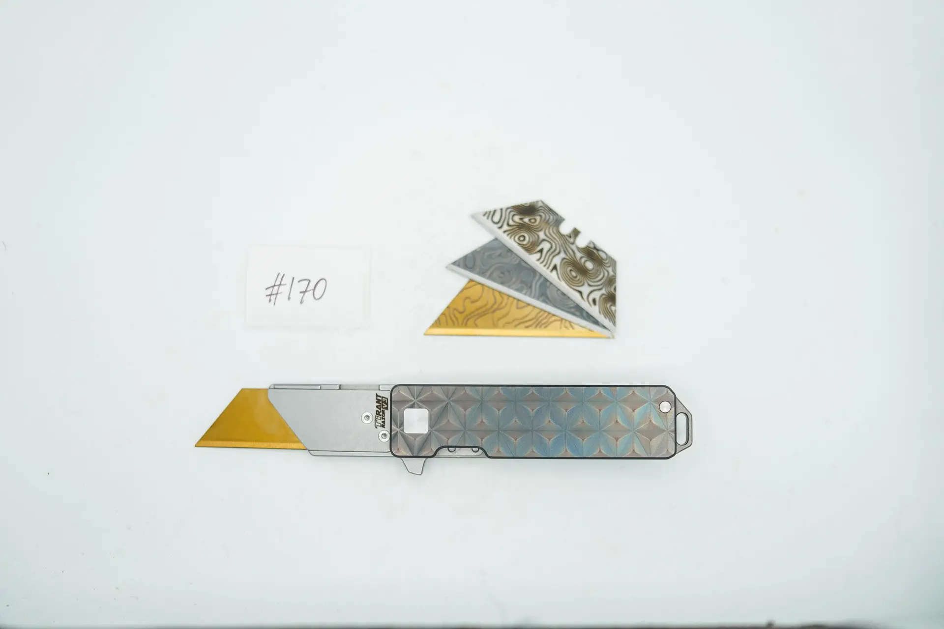 BUILD #170 — Condition 9/10 — TiRant RAZOR V3 Stonewashed + RH RARE Light Faded-Apex Flare Grey-Scale Edition + 3X Custom Laser Engraved Razor Blades From The ToolRoom