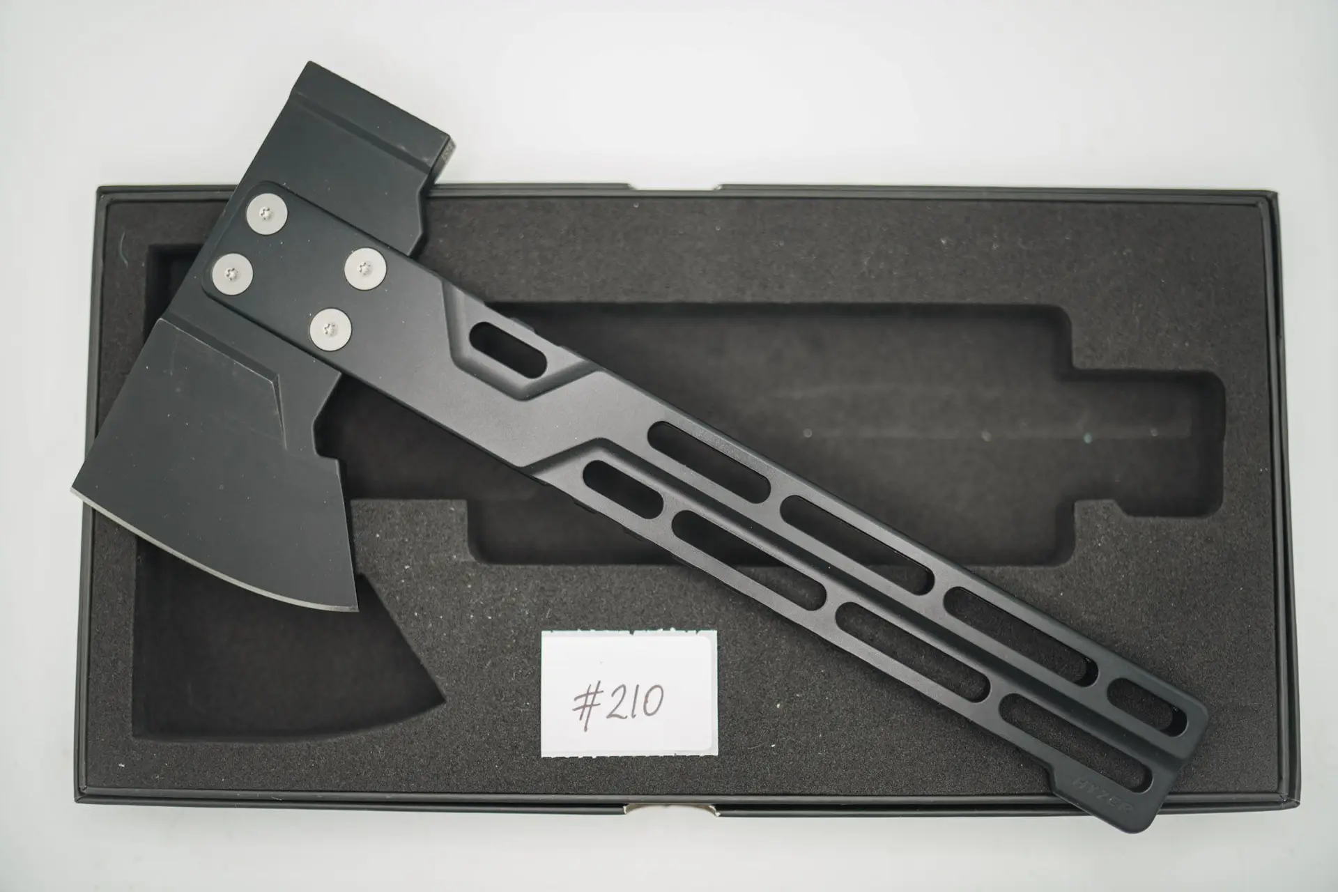 BUILD #210 — Condition 9/10 — HYZER Titanium Hatchet (FULL SIZE) – Jet-Black PVD Titanium Handle + Medium Weight Jet-Black PVD Head W/Contrast Grey Screw Kit (Sheath Purchased Separately)