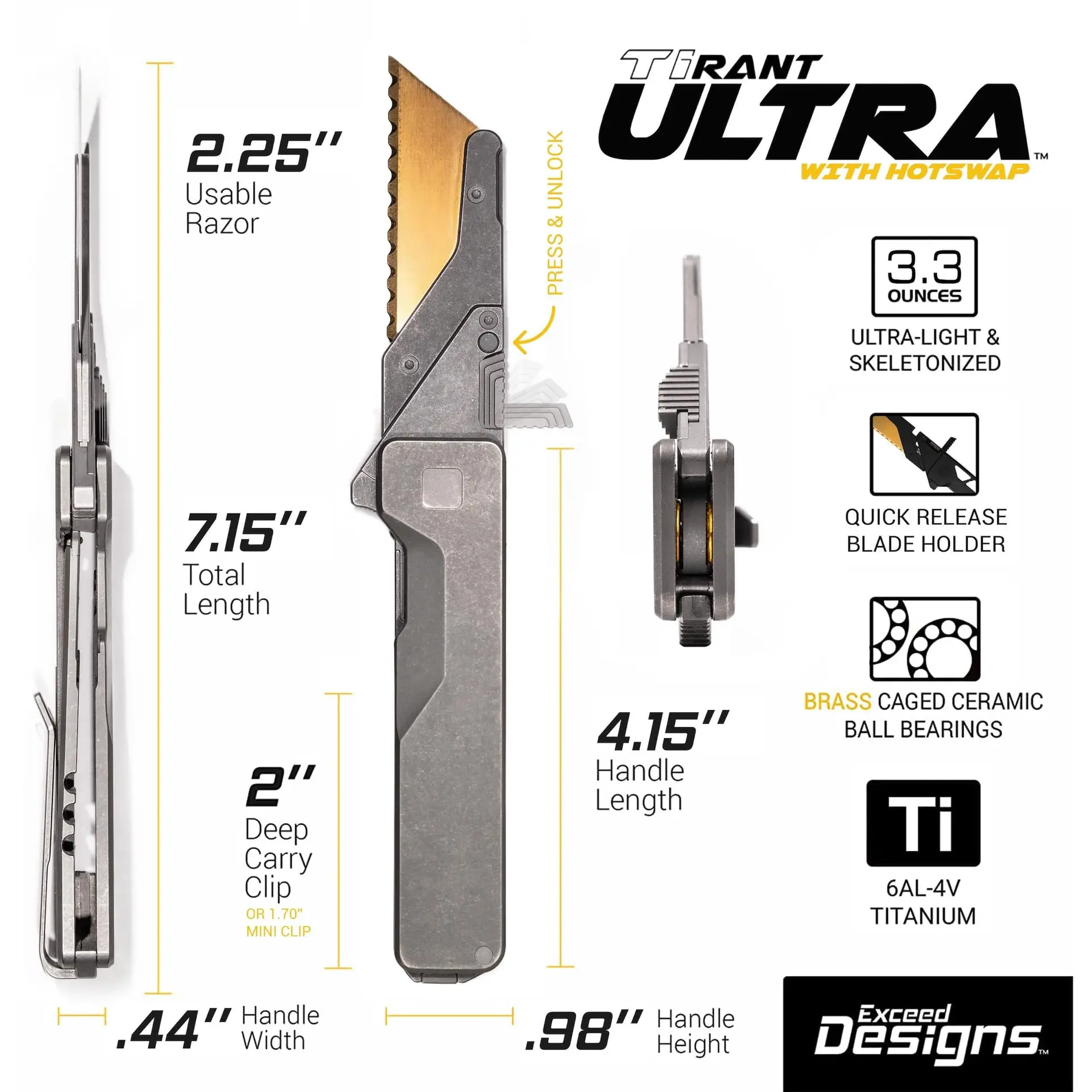 TiRant® ULTRA Utility Knife W/HotSwap™ Blade Replacements (6AL-4V Titanium) SKELETON ‘Skultra’ + Centurion Bronze ANO + Silver Hardware Contrast