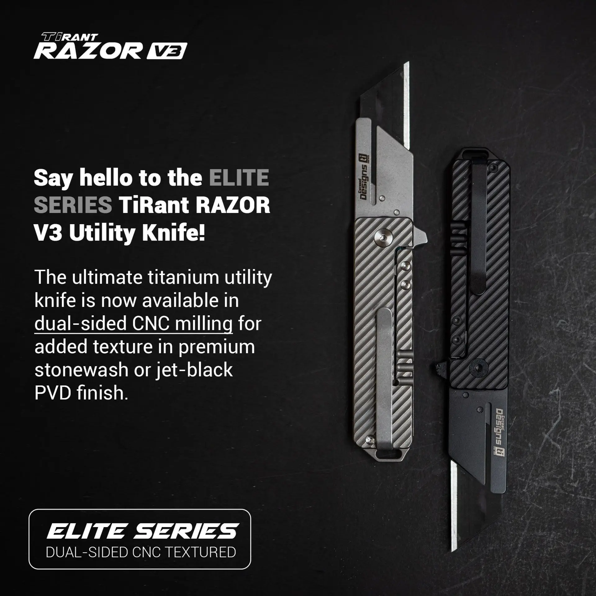TiRant® RAZOR V3 Utility Knife (Jet-Black 6AL-4V Titanium) Dual SLASH Edition – Complete