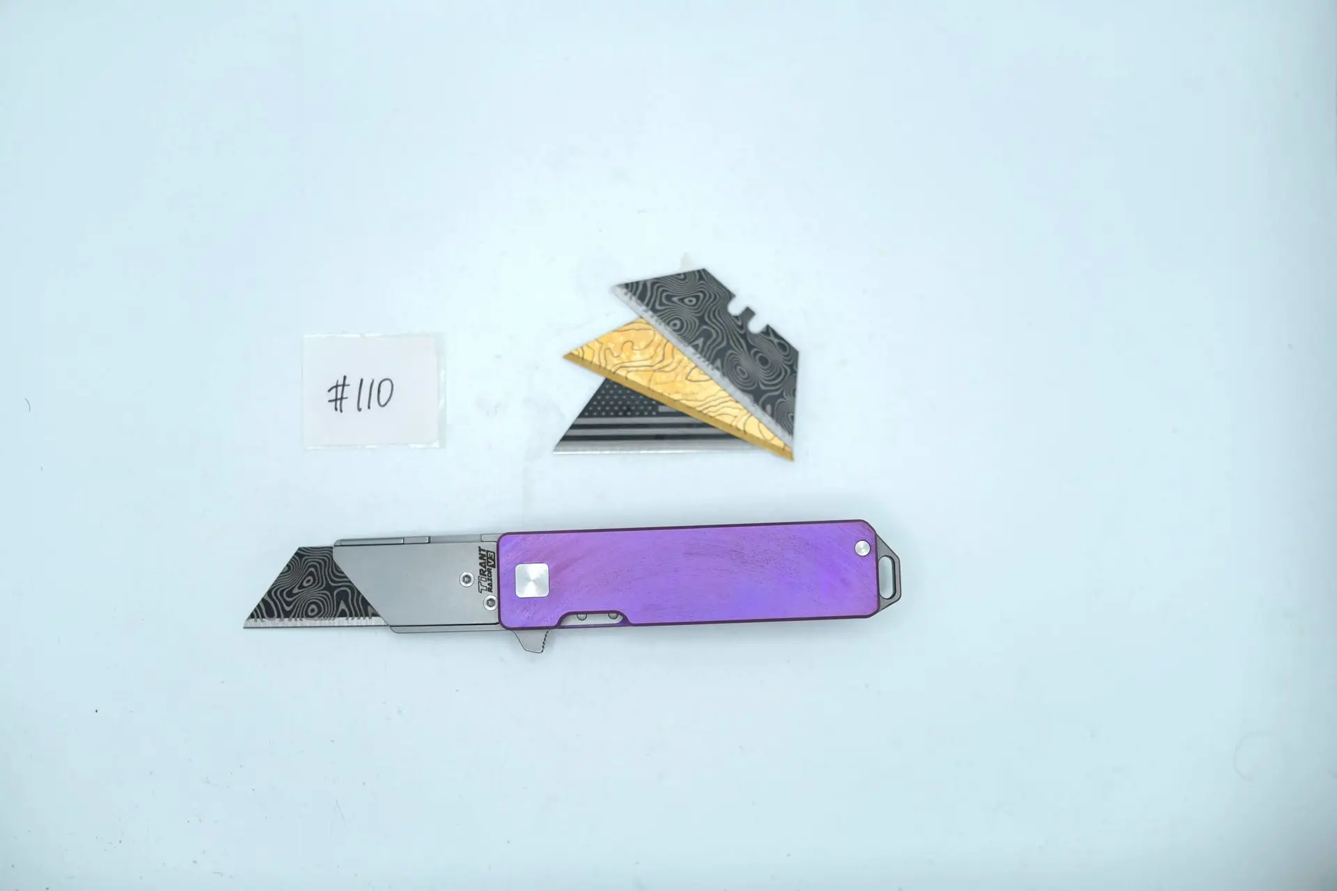 BUILD #110 — Condition 9/10 — TiRant RAZOR V3 + RARE Matching sides Circular Hand Sanded Surface + Hand-Applied Custom Bright Purple Anodization + 3 Custom Laser Engraved Razor Blades From The ToolRoom