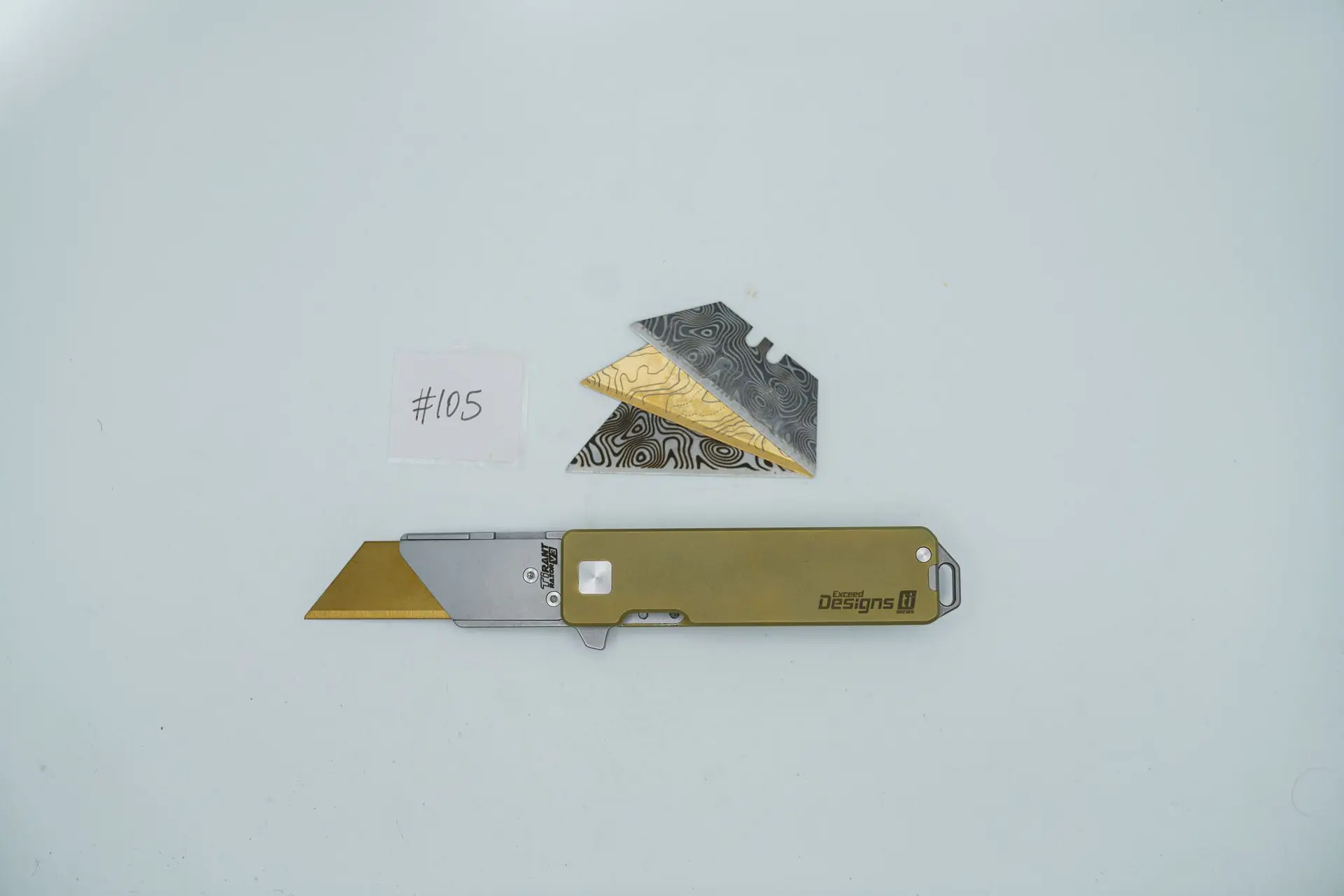 BUILD #105 — Condition 9/10 — TiRant RAZOR V3 + RARE Hand-Applied Custom Burnt-GOLD Anodization + 3 Custom Laser Engraved Razor Blades From The ToolRoom