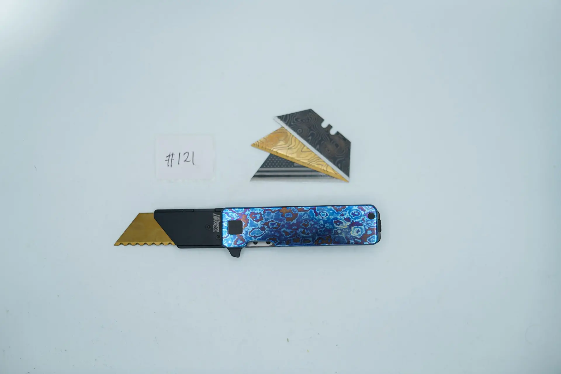 BUILD #121 — Condition 8/10 — TiRant RAZOR V3 Grade B (Multi-Layered Forged Titanium + Torch ANO) TiMascus + 3 Custom Laser Engraved Razor Blades From The ToolRoom