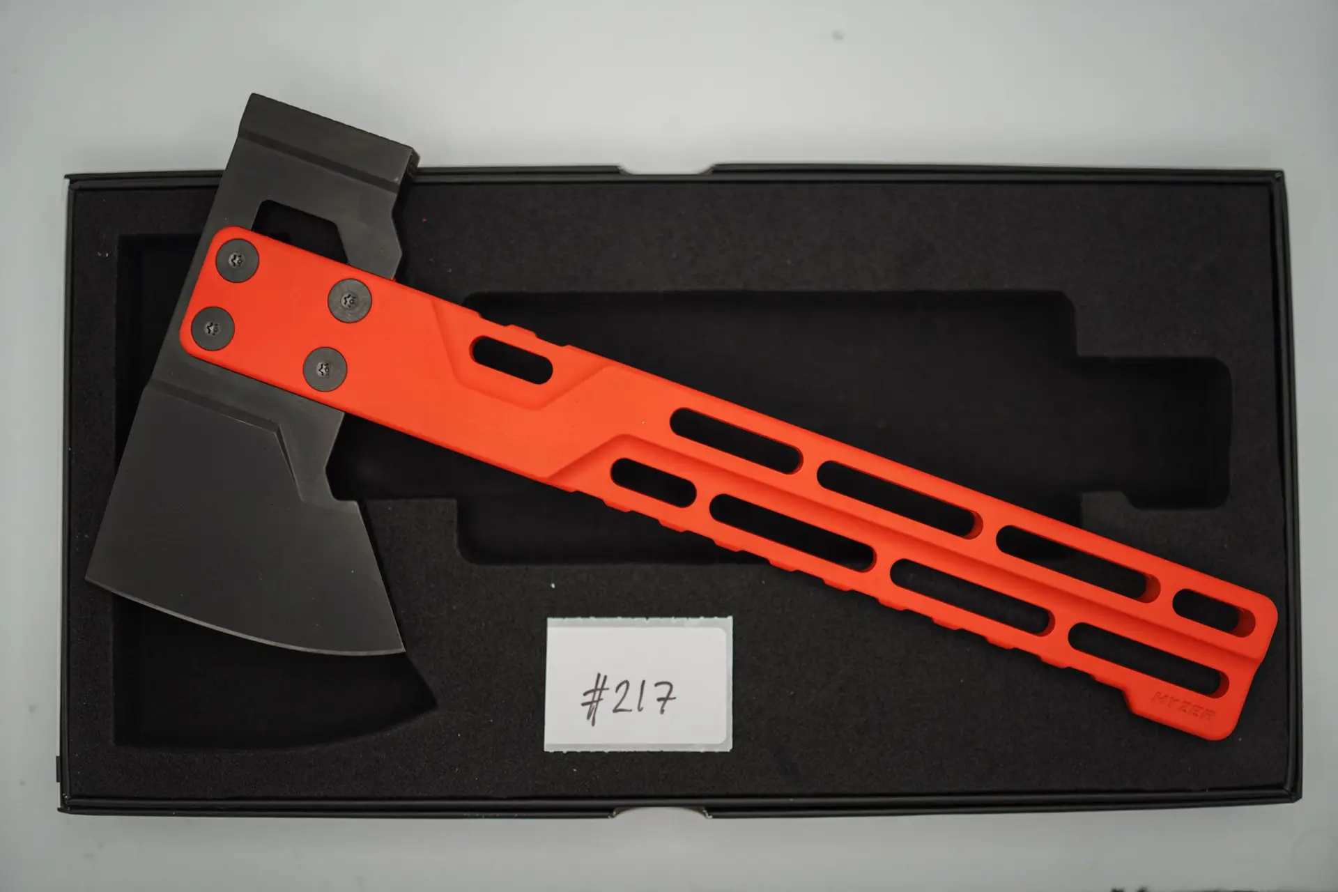 BUILD #217 — Condition 10/10 — HYZER Titanium Hatchet (FULL SIZE) – RARE Hunter Orange Cerakote Titanium Handle + Light Weight Dark Grey DLC D2 Head (Sheath Purchased Separately)
