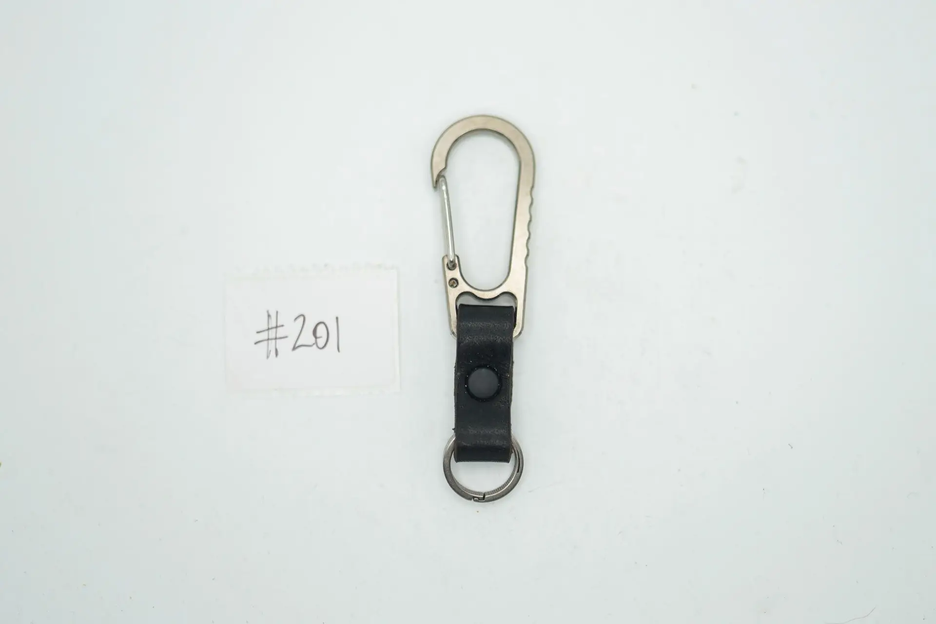 BUILD #201 Condition 10/10 — V1 Titanium Carabiner W/Ti Key Ring – Light Stonewash Ti + Black Leather + Matte Black Rivets
