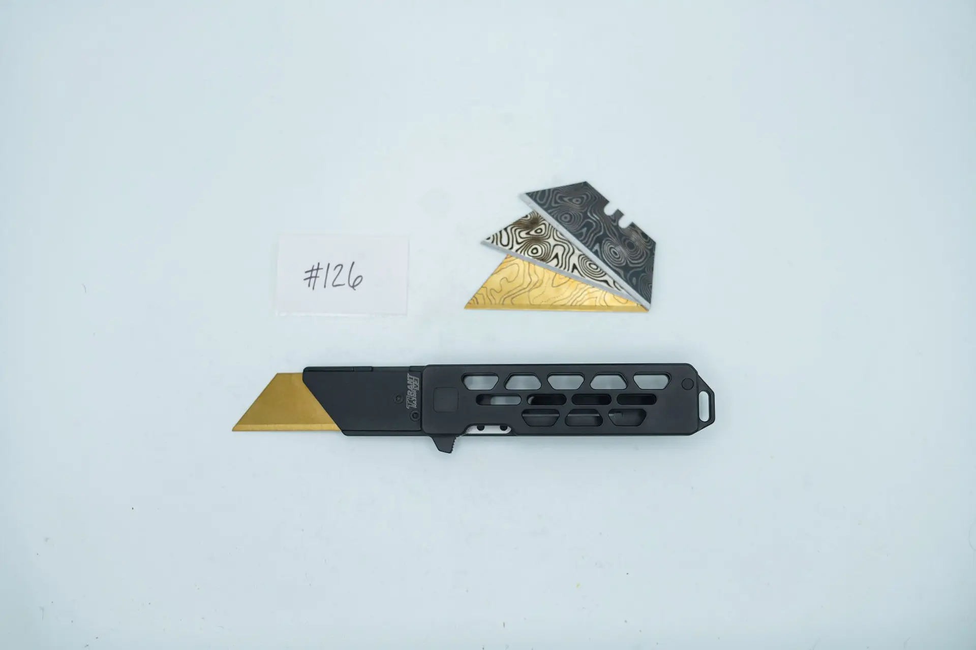 BUILD #126 — Condition 9/10 — TiRant RAZOR V3 Jet-Black PVD Skeleton Edition + 3X Custom Laser Engraved Razor Blades From The ToolRoom