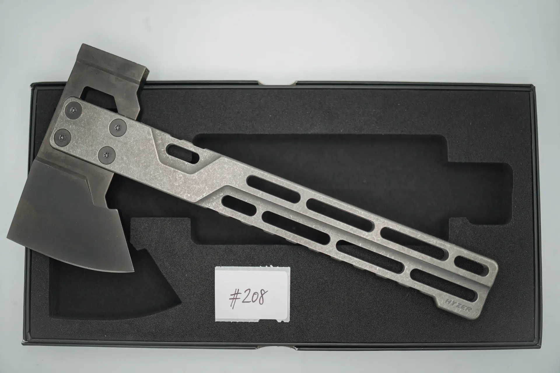 BUILD #208 — Condition 10/10 — HYZER Titanium Hatchet (FULL SIZE) – Deep Bright Stonewash Titanium Handle + Lightweight DLC Head (Sheath Purchased Separately)