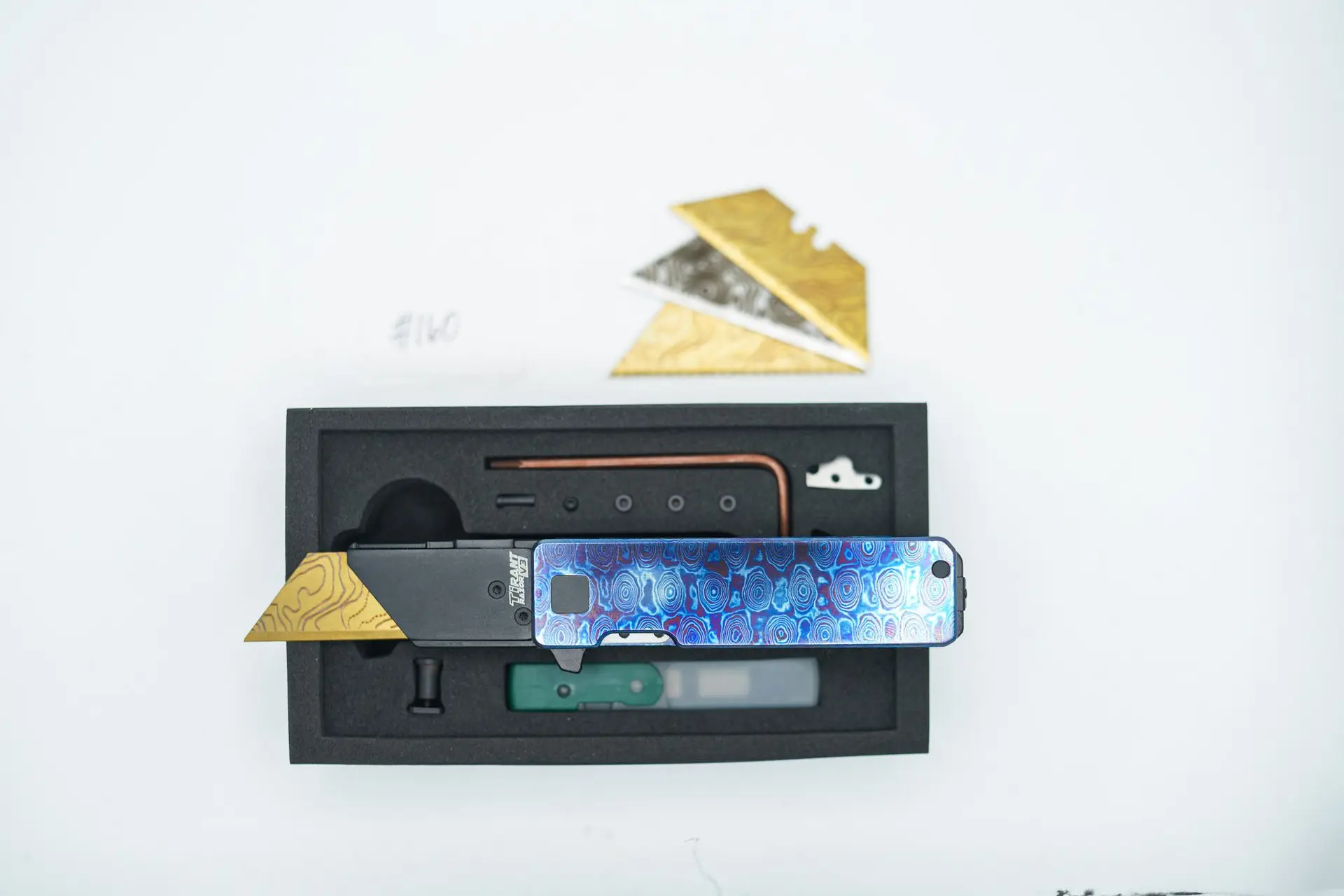 BUILD #160 — Condition 8/10 — TiRant RAZOR V3 Grade B (Multi-Layered Forged Titanium + Torch ANO) TiMascus + 3X Custom Laser Engraved Razor Blades From The ToolRoom