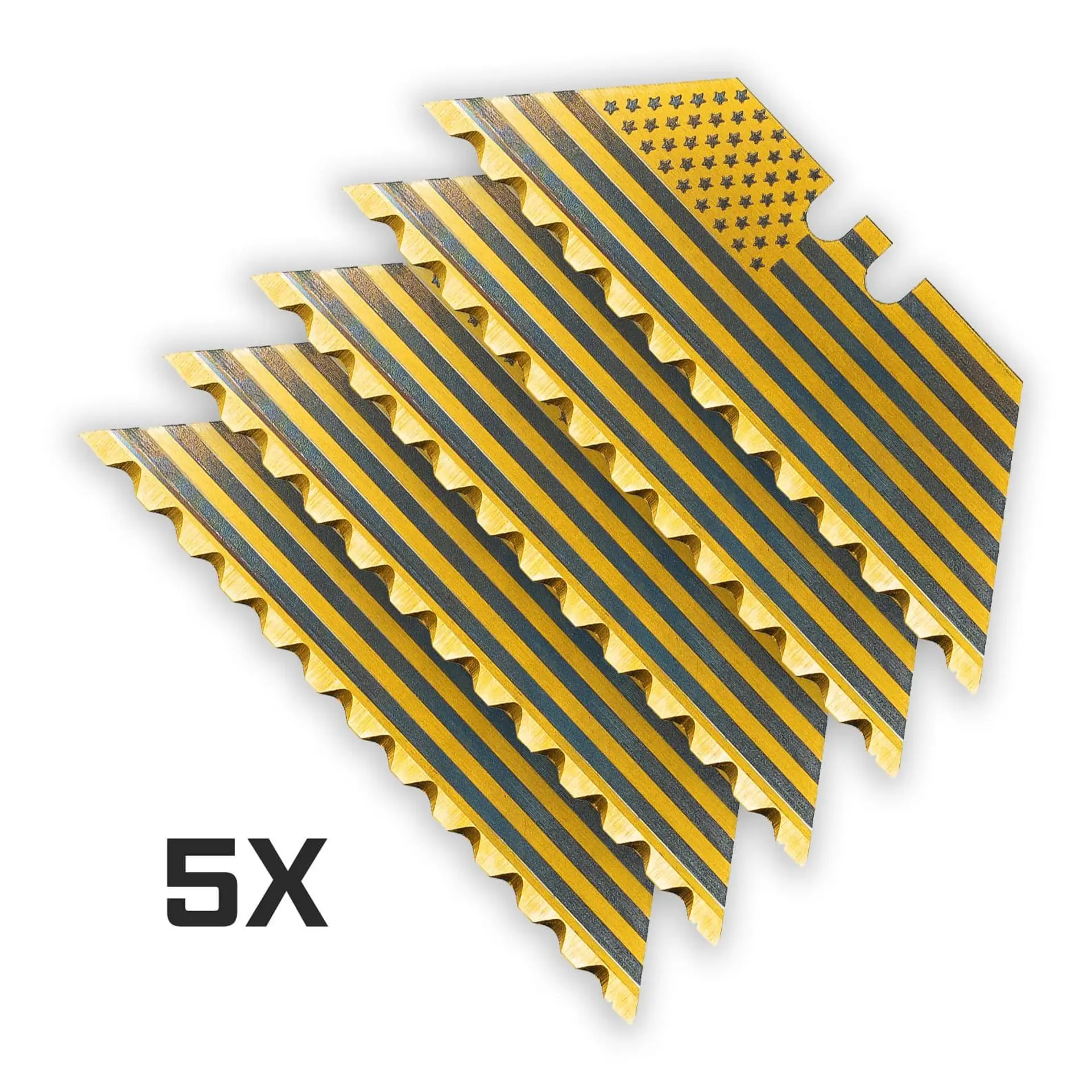 USA Flag 12-Point GOLD SERRATED Razor Blades (Premium TITANIUM Coated SK5 Utility Knife Blades) 5-Pack or 10-Pack