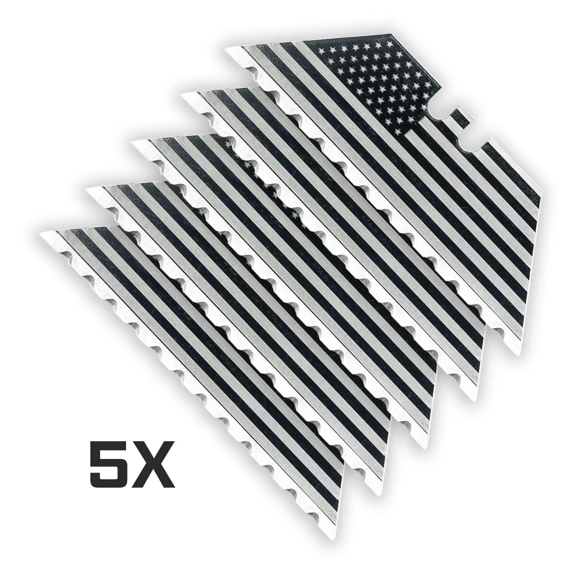 USA Flag 12-Point BLACK SERRATED Razor Blades (Black Oxide Coated SK5 Utility Knife Blades) 5-Pack or 10-Pack