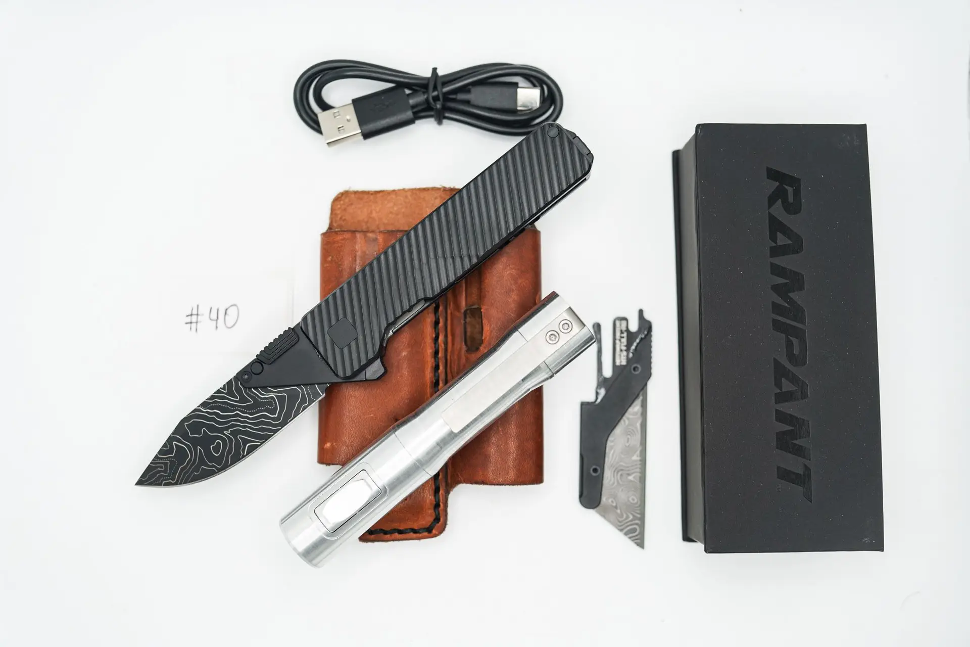 BUILD #40 Combo — Condition 10/10 — TiRant ULTRA Jet-Black PVD 50/50 Slash/Smooth Edition W/Custom Topo Laser Engraved 50/50 Drop Point D2 Blade + Fixed Razor HotSwap Insert + RAW 519a Rampant R4 Aluminum Flashlight + 8/10 Brown Leather FieldPro Pocket Organizer