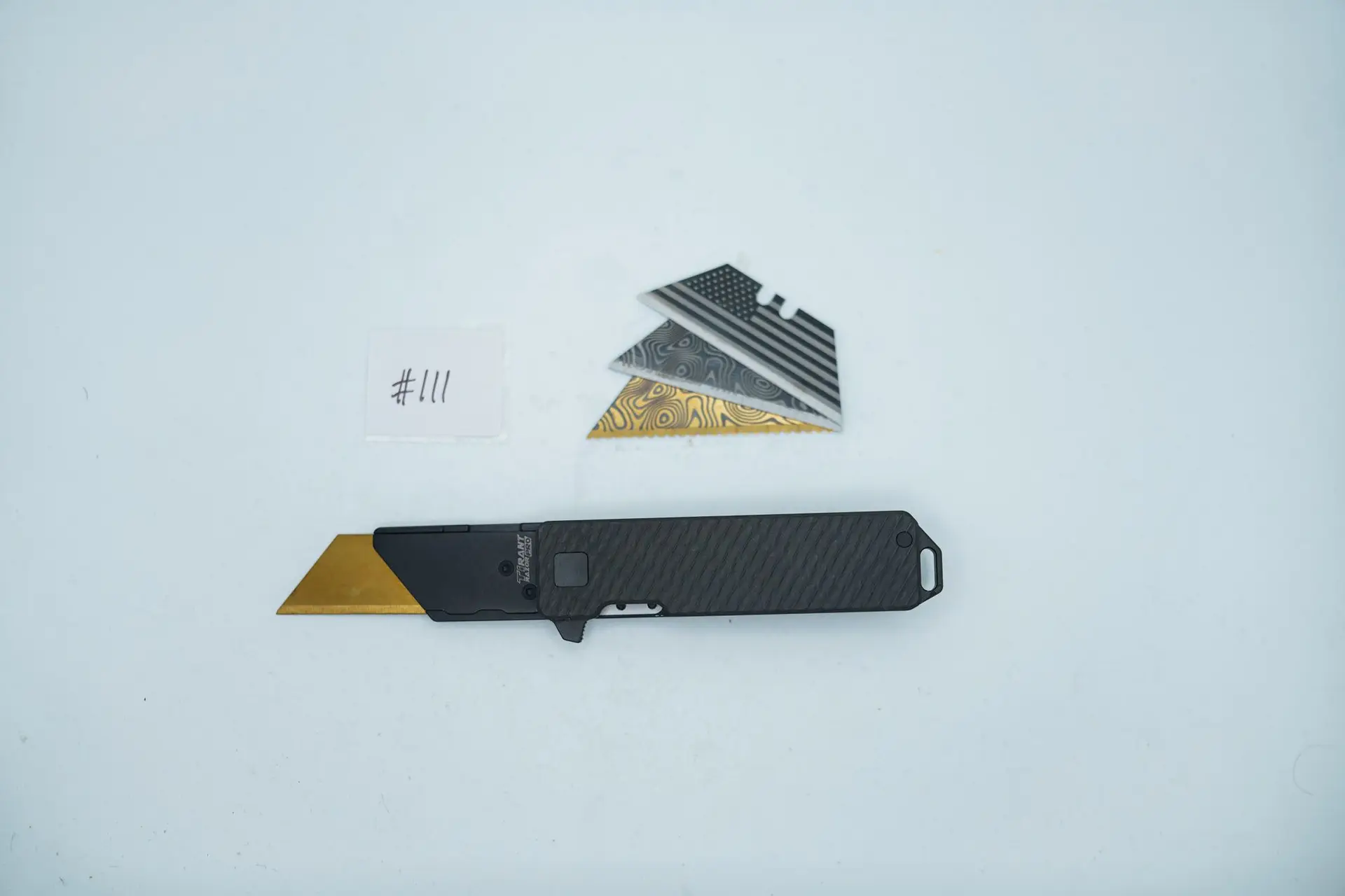 BUILD #111 — Condition 9/10 — TiRant RAZOR V3 – Jet-Black + USA Milled Carbon Fiber SLASH Edition RH Handle + 3 Custom Laser Engraved Razor Blades From The ToolRoom